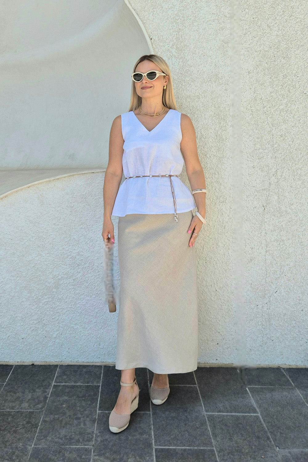 Katie Bias Cut Linen Skirt in Natural