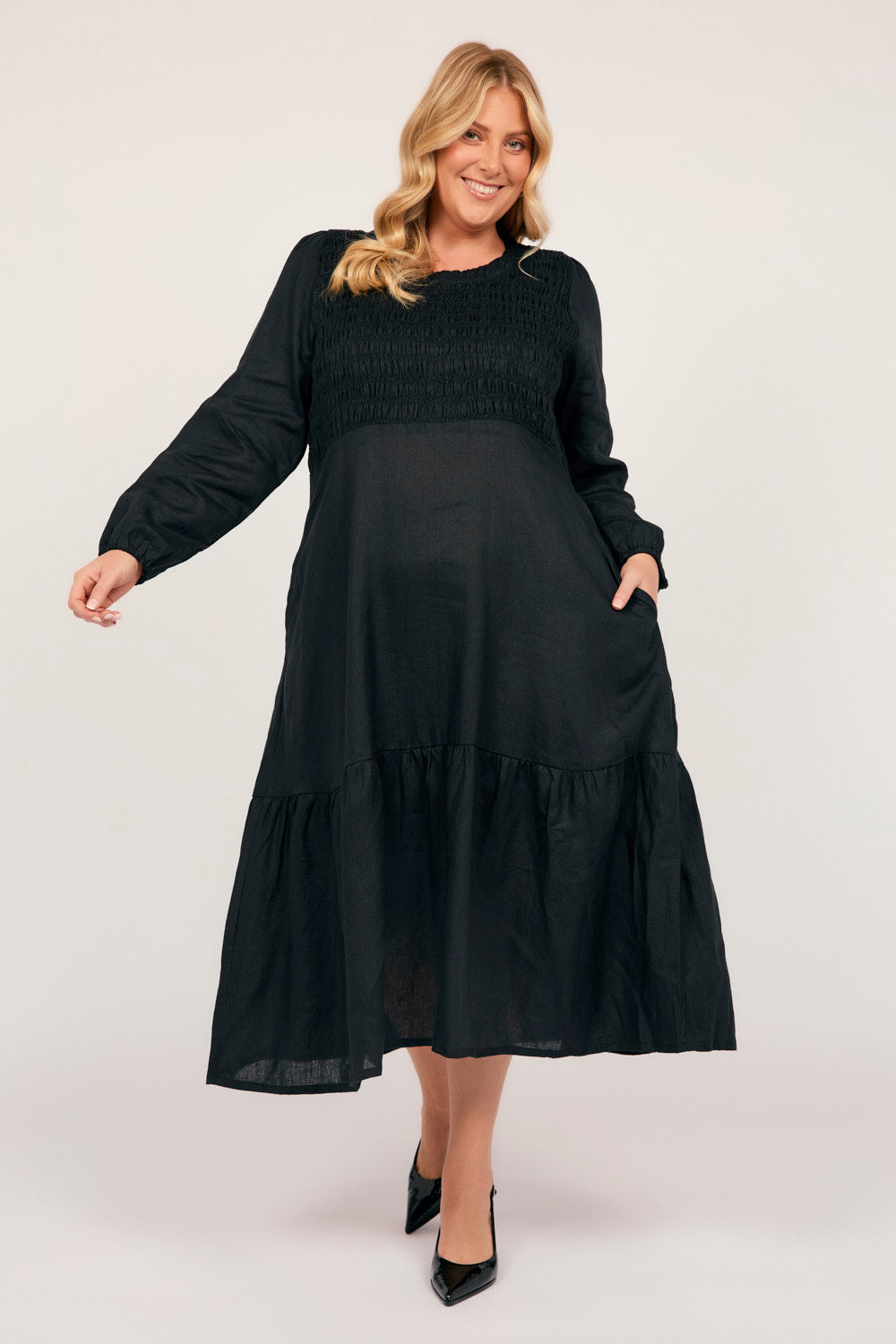 Minden Linen Long Sleeve Shirred Dress in Black, Short Dress - Adrift Clothing