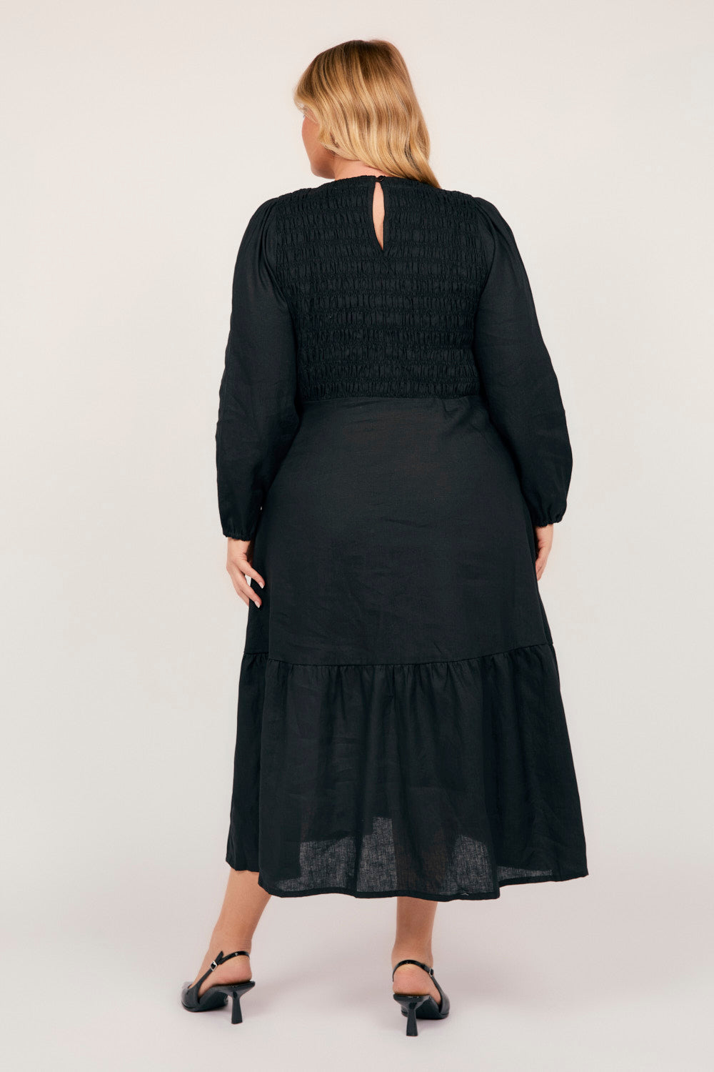 Minden Linen Long Sleeve Shirred Dress in Black