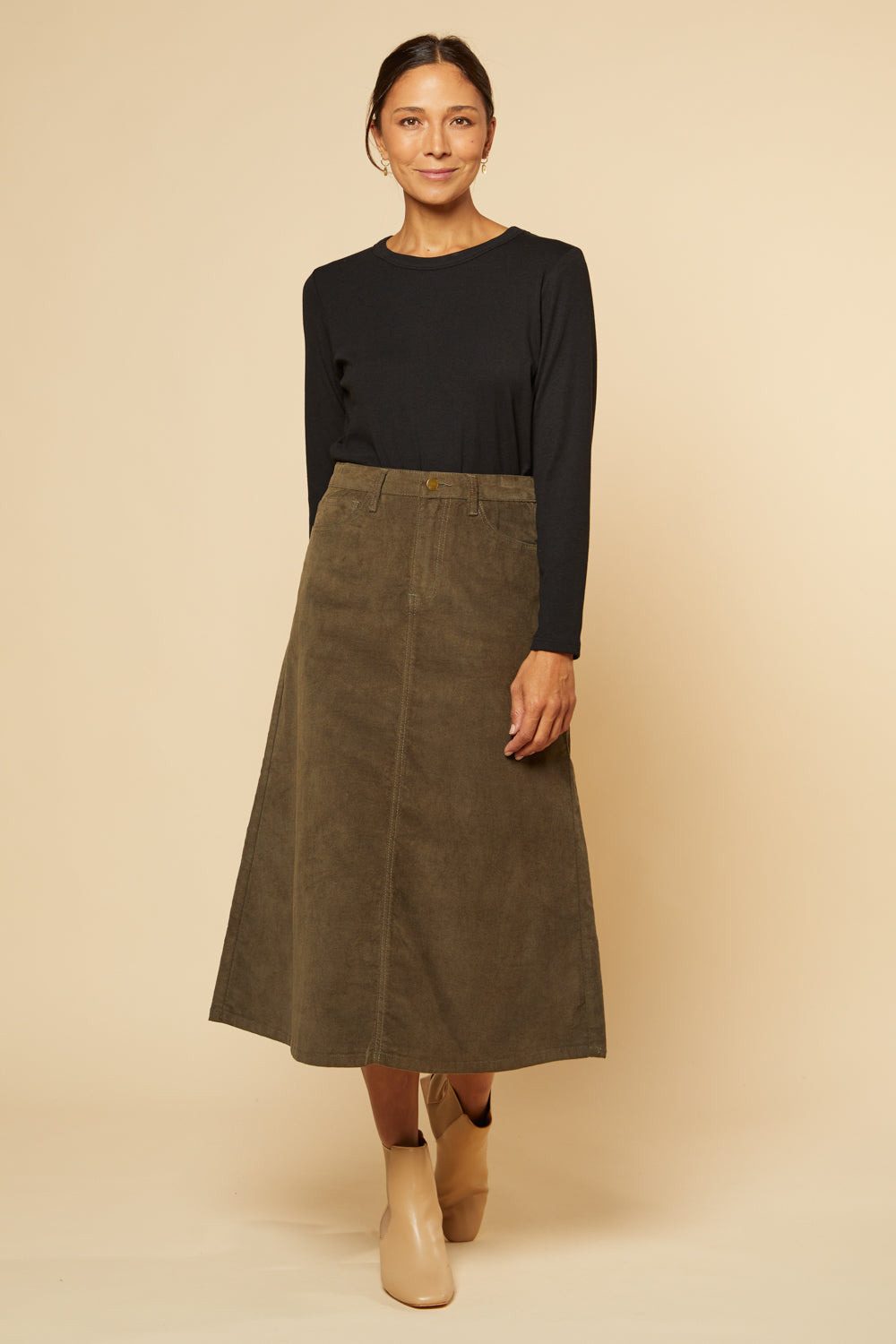 Adrift A-Line Brushed Cotton Skirt in Olive, Midi Skirt - Adrift Clothing