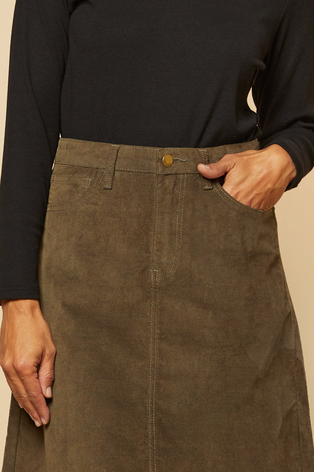 Adrift A-Line Brushed Cotton Skirt in Olive, Midi Skirt - Adrift Clothing
