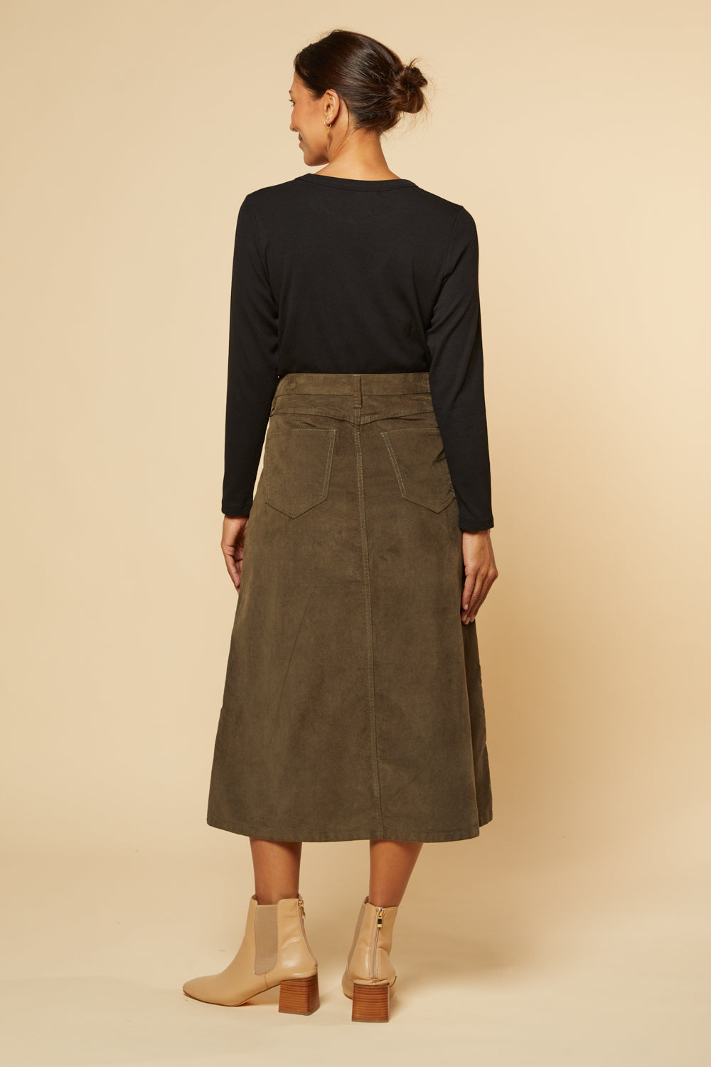 Adrift A-Line Brushed Cotton Skirt in Olive, Midi Skirt - Adrift Clothing