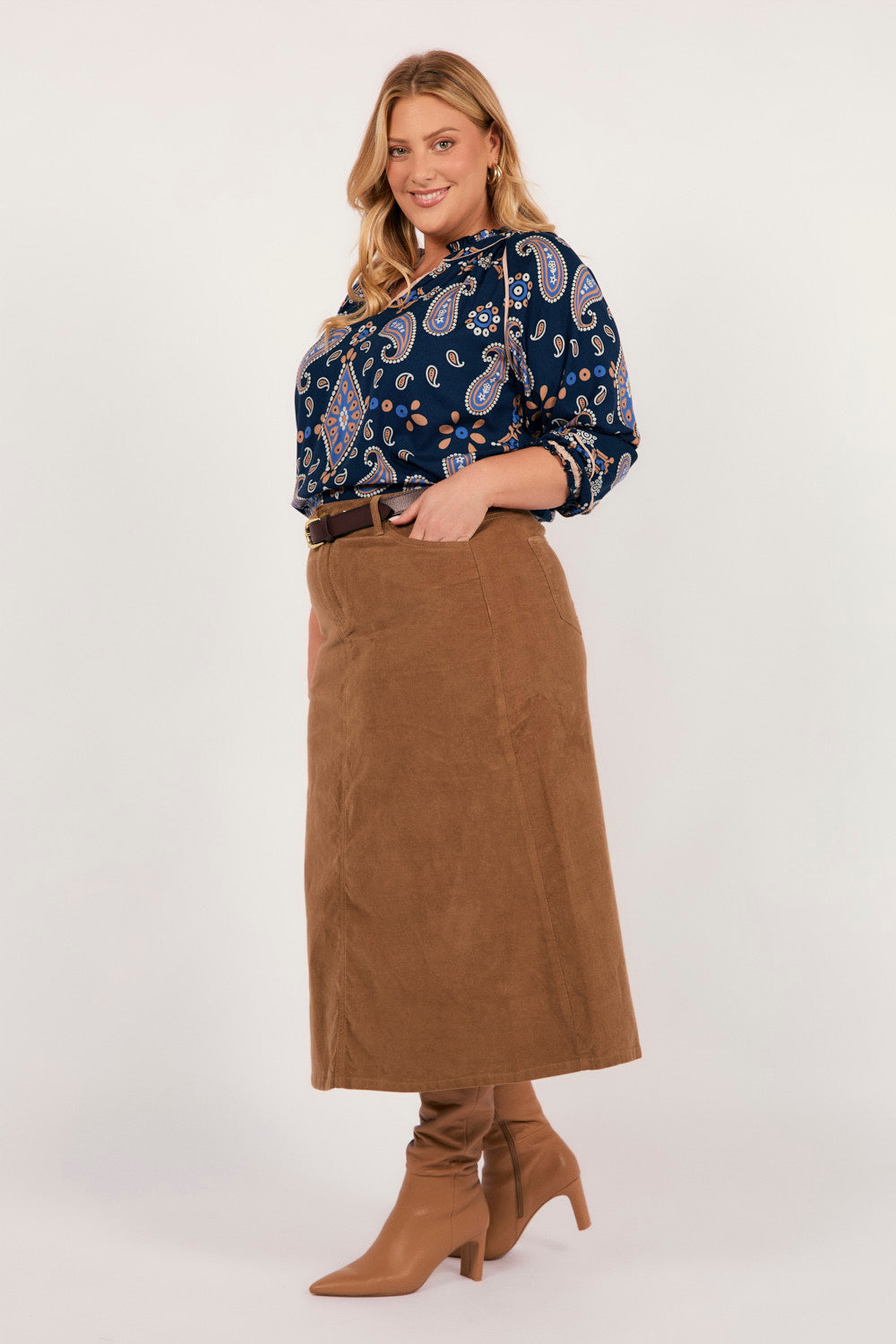 Adrift A-Line Brushed Cotton Skirt in Camel, Midi Skirt - Adrift Clothing