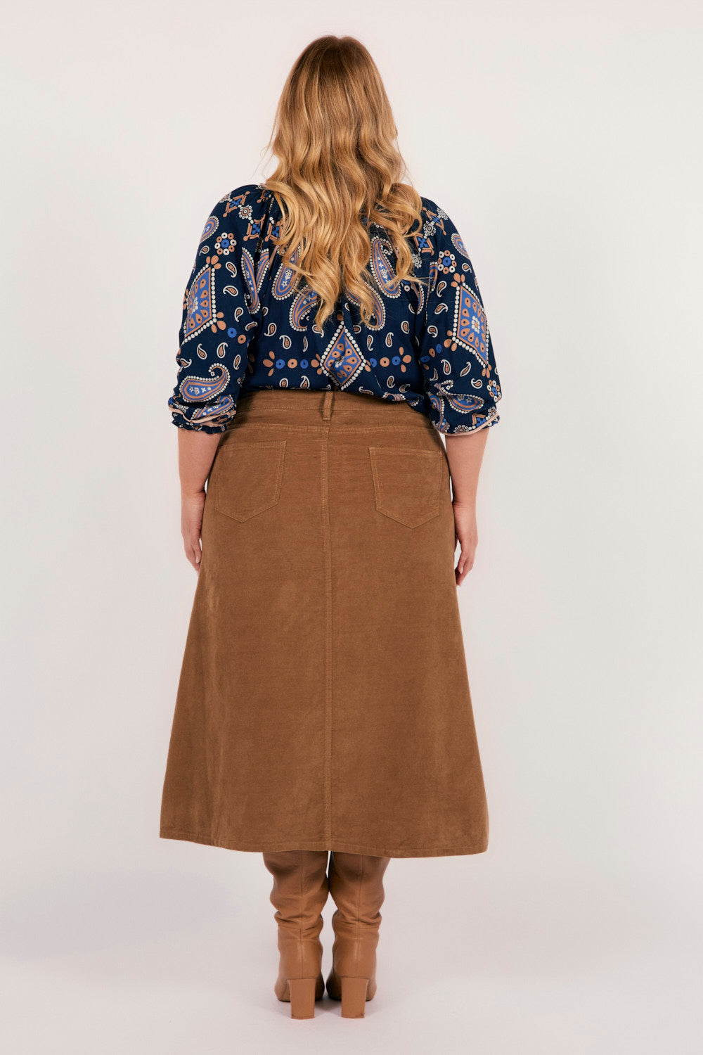Adrift A-Line Brushed Cotton Skirt in Camel, Midi Skirt - Adrift Clothing