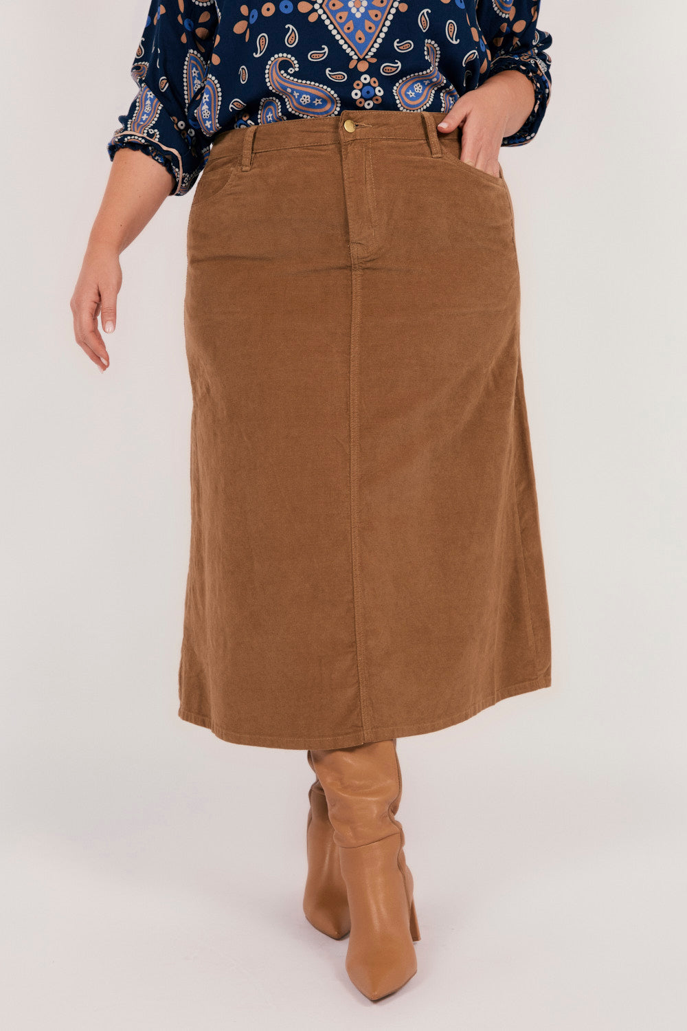 Adrift A-Line Brushed Cotton Skirt in Camel, Midi Skirt - Adrift Clothing
