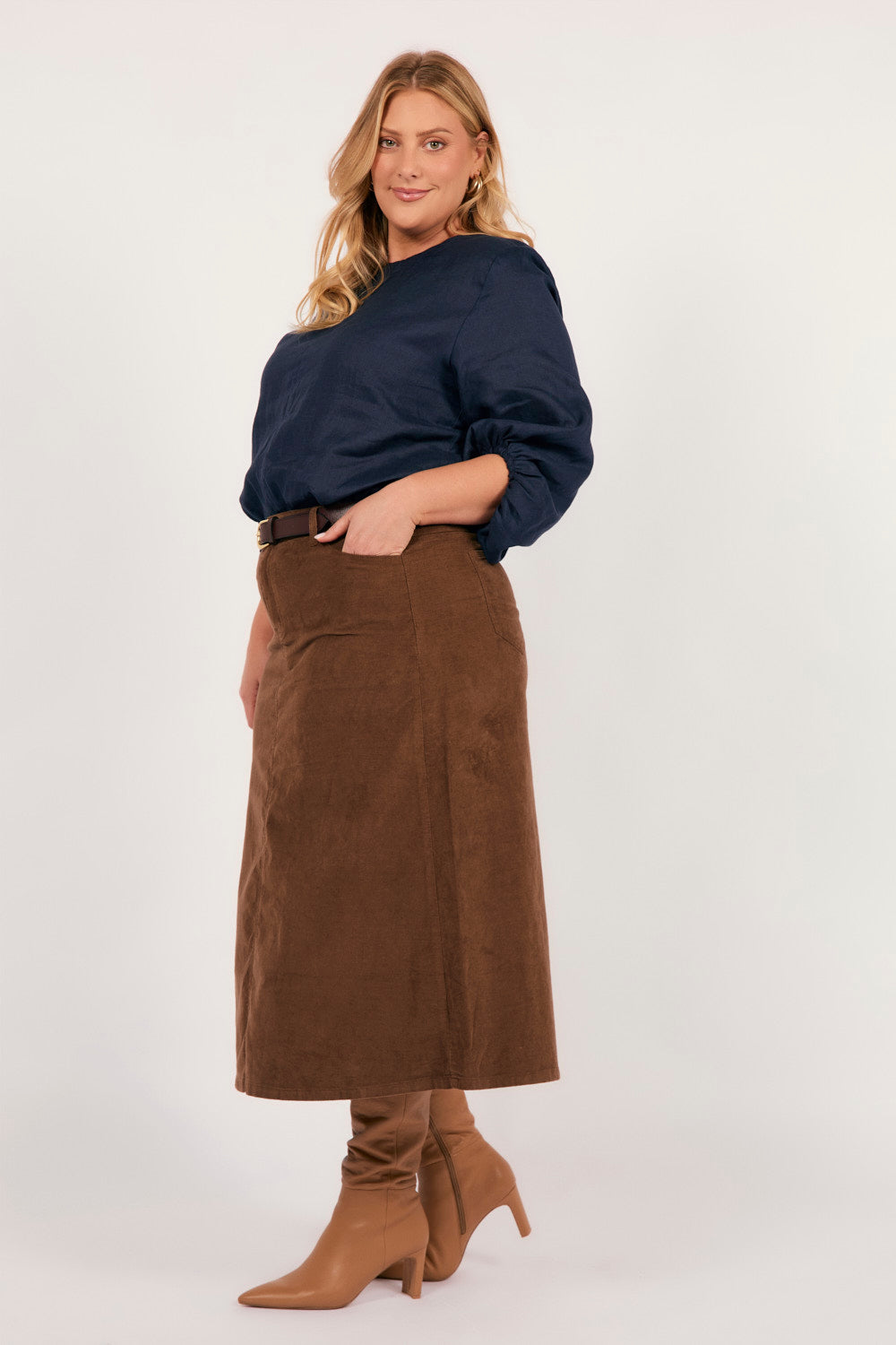 Adrift A-Line Brushed Cotton Skirt in Chocolate, Midi Skirt - Adrift Clothing