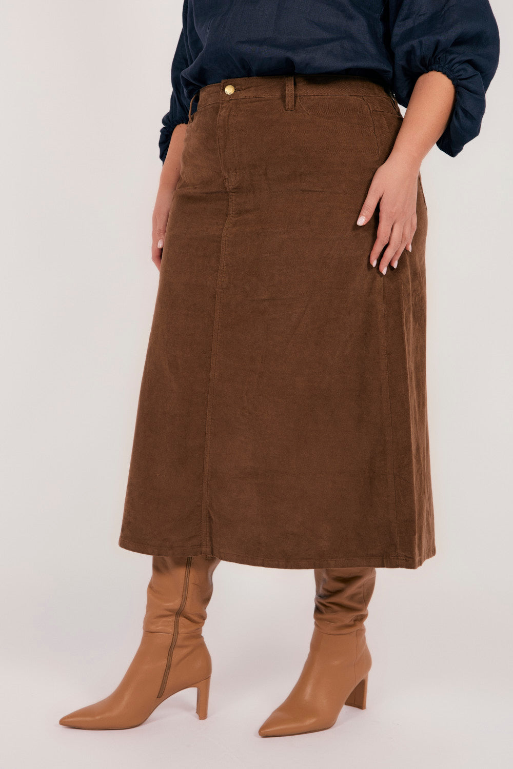 Adrift A-Line Brushed Cotton Skirt in Chocolate, Midi Skirt - Adrift Clothing