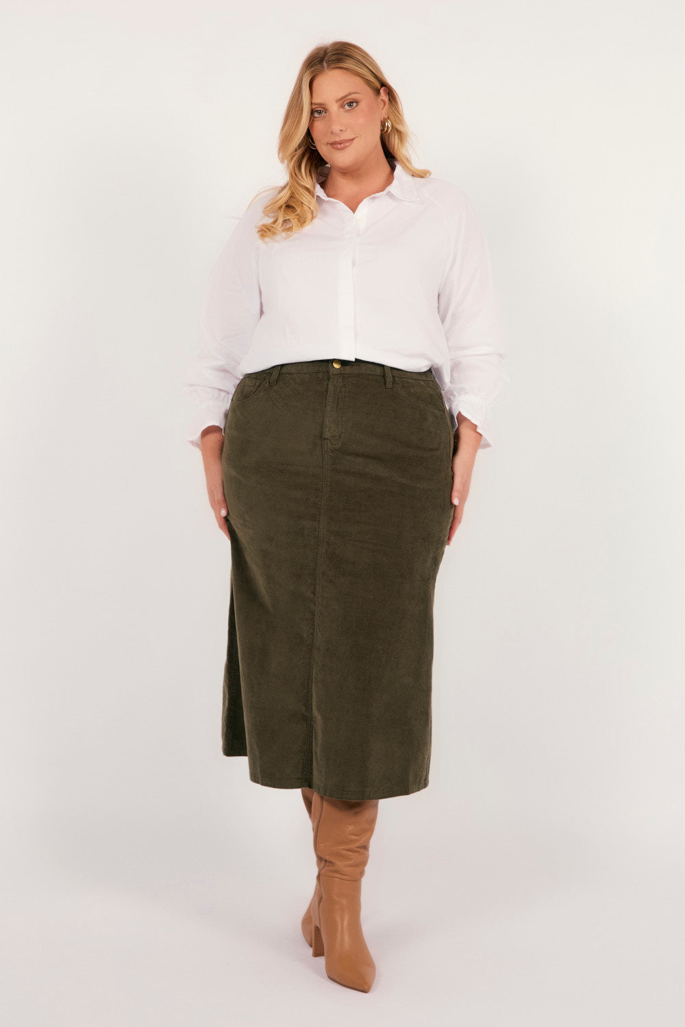Adrift A-Line Brushed Cotton Skirt in Olive, Midi Skirt - Adrift Clothing