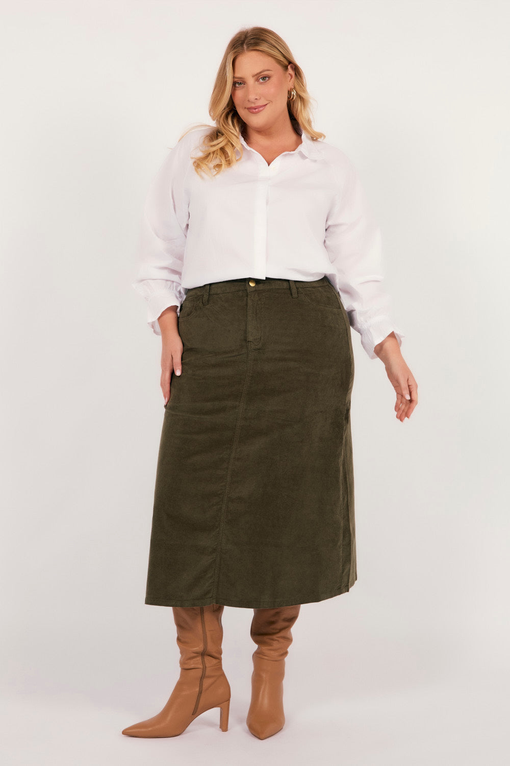 Adrift A-Line Brushed Cotton Skirt in Olive, Midi Skirt - Adrift Clothing