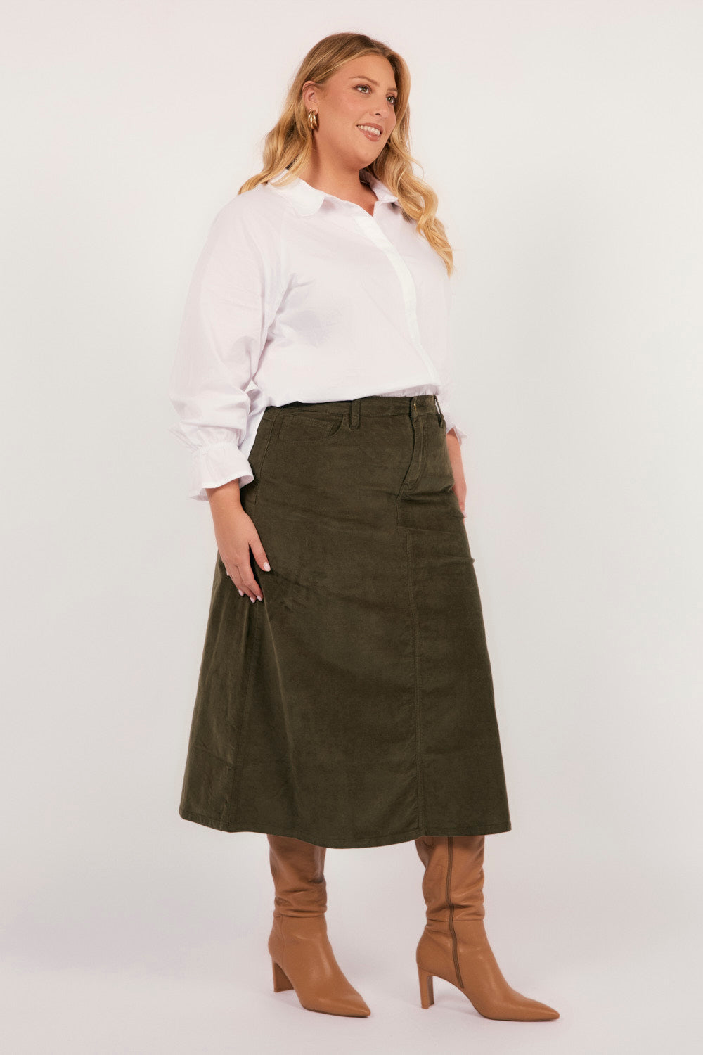 Adrift A-Line Brushed Cotton Skirt in Olive, Midi Skirt - Adrift Clothing