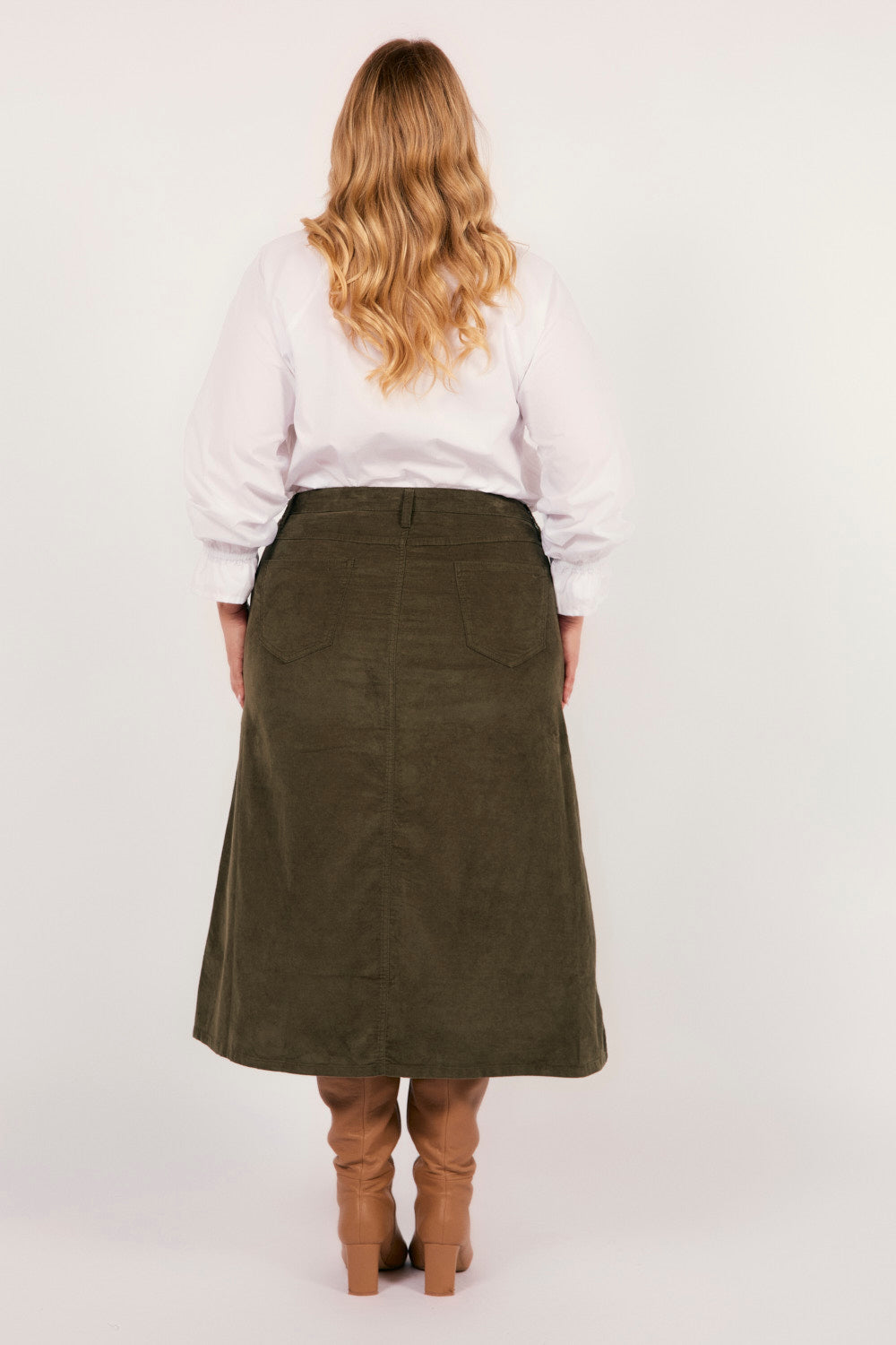 Adrift A-Line Brushed Cotton Skirt in Olive, Midi Skirt - Adrift Clothing