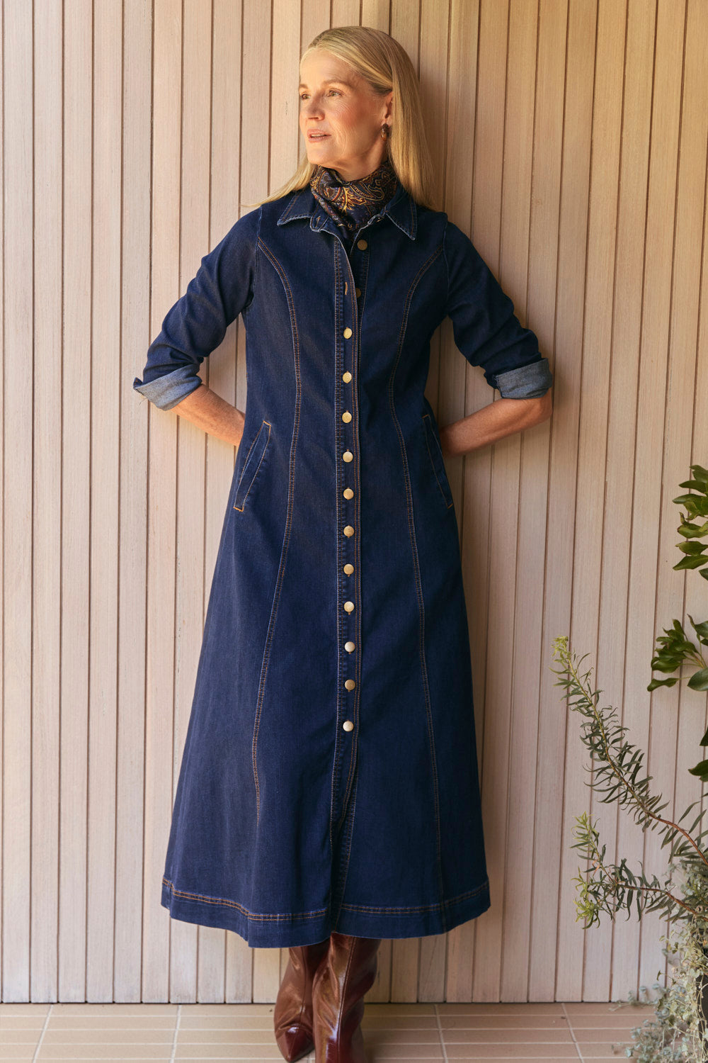 Adrift Collared Denim Dress in Dark Wash, Dress - Adrift Clothing