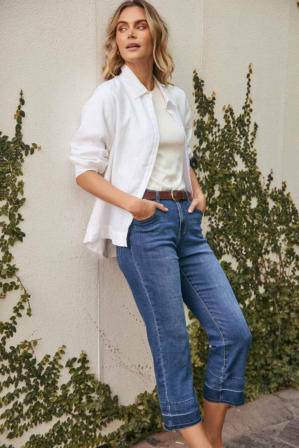 Adrift Denim Cropped Straight Leg Jeans in Mid Wash