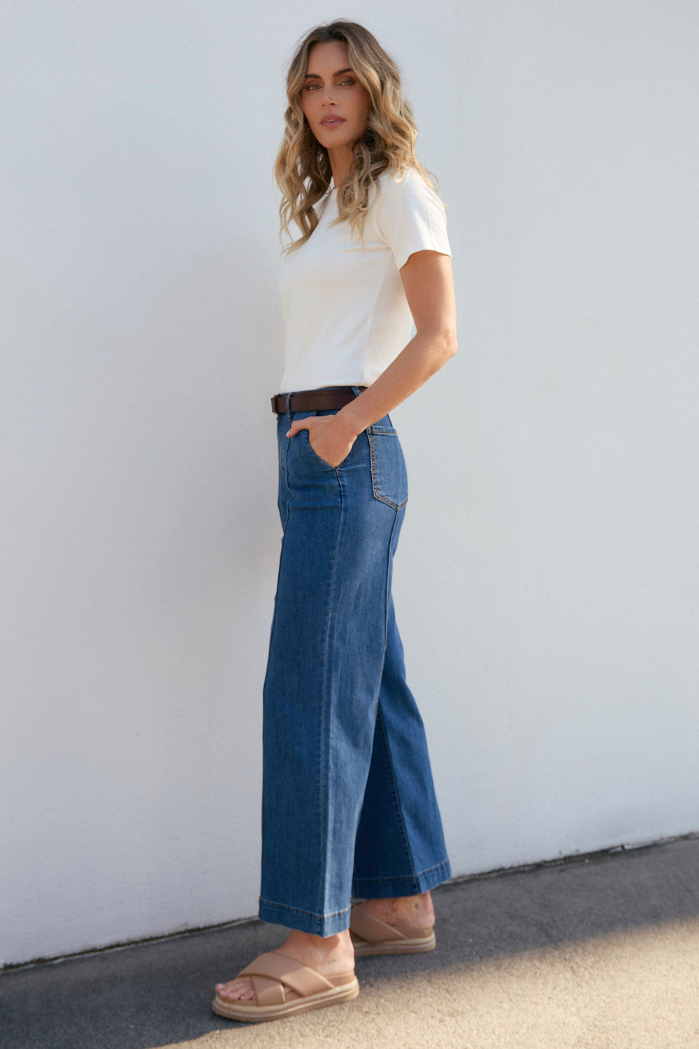Adrift Denim Wide Leg Jeans in Mid Wash with wide hem to elongate the legs, Adrift Clothing