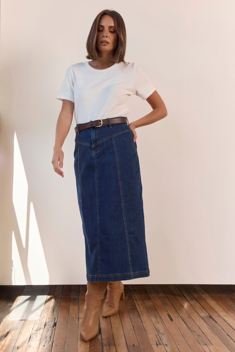 Adrift Flared Denim Maxi Skirt in Dark Wash