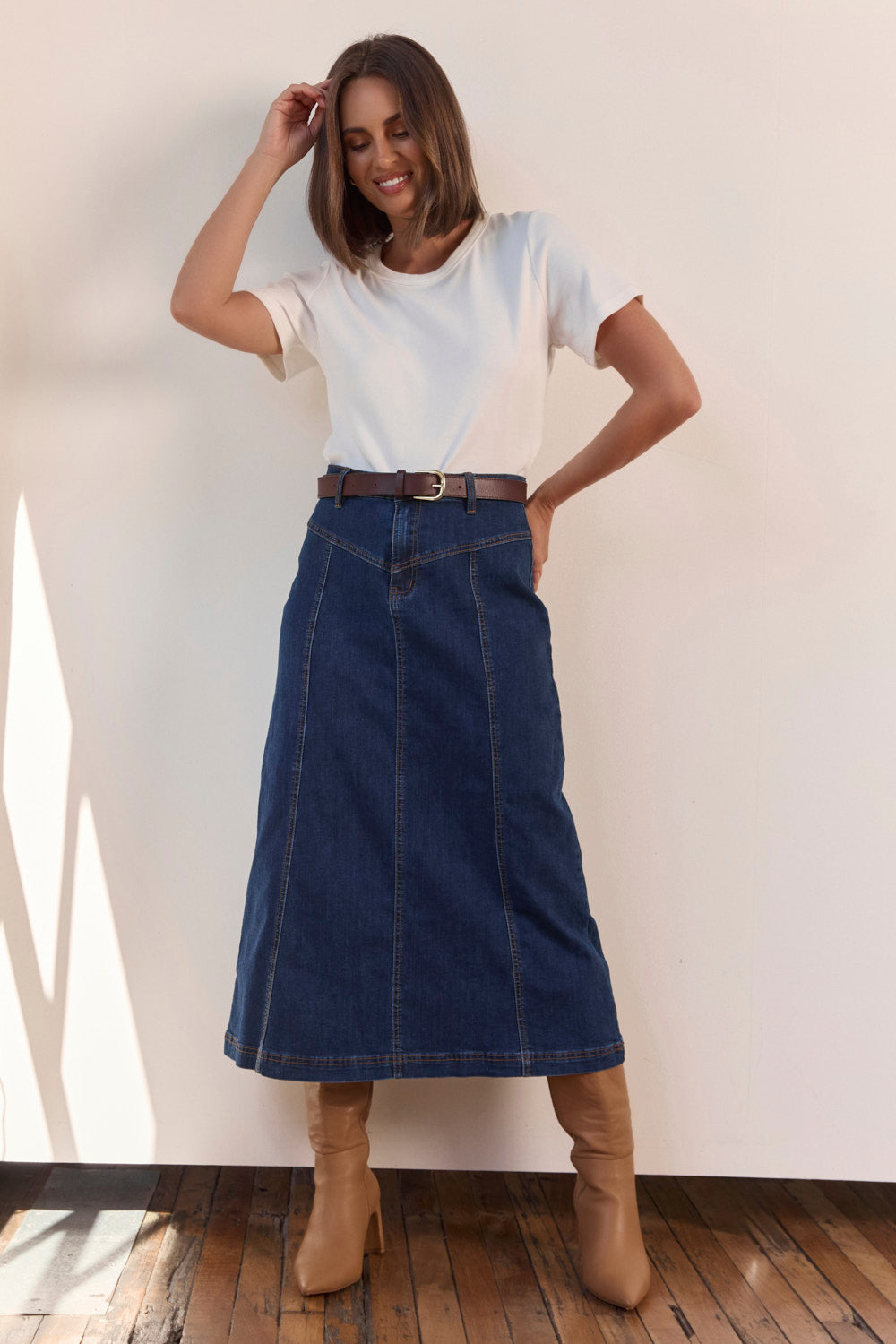 Adrift Flared Denim Maxi Skirt in Dark Wash