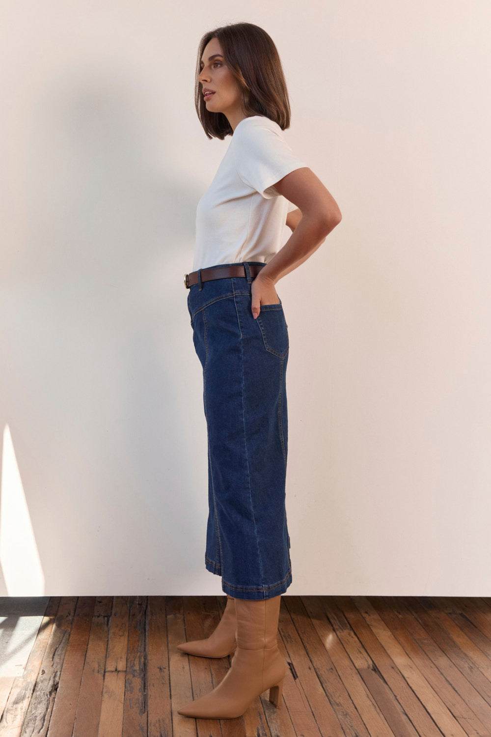 Adrift Flared Denim Maxi Skirt in Dark Wash