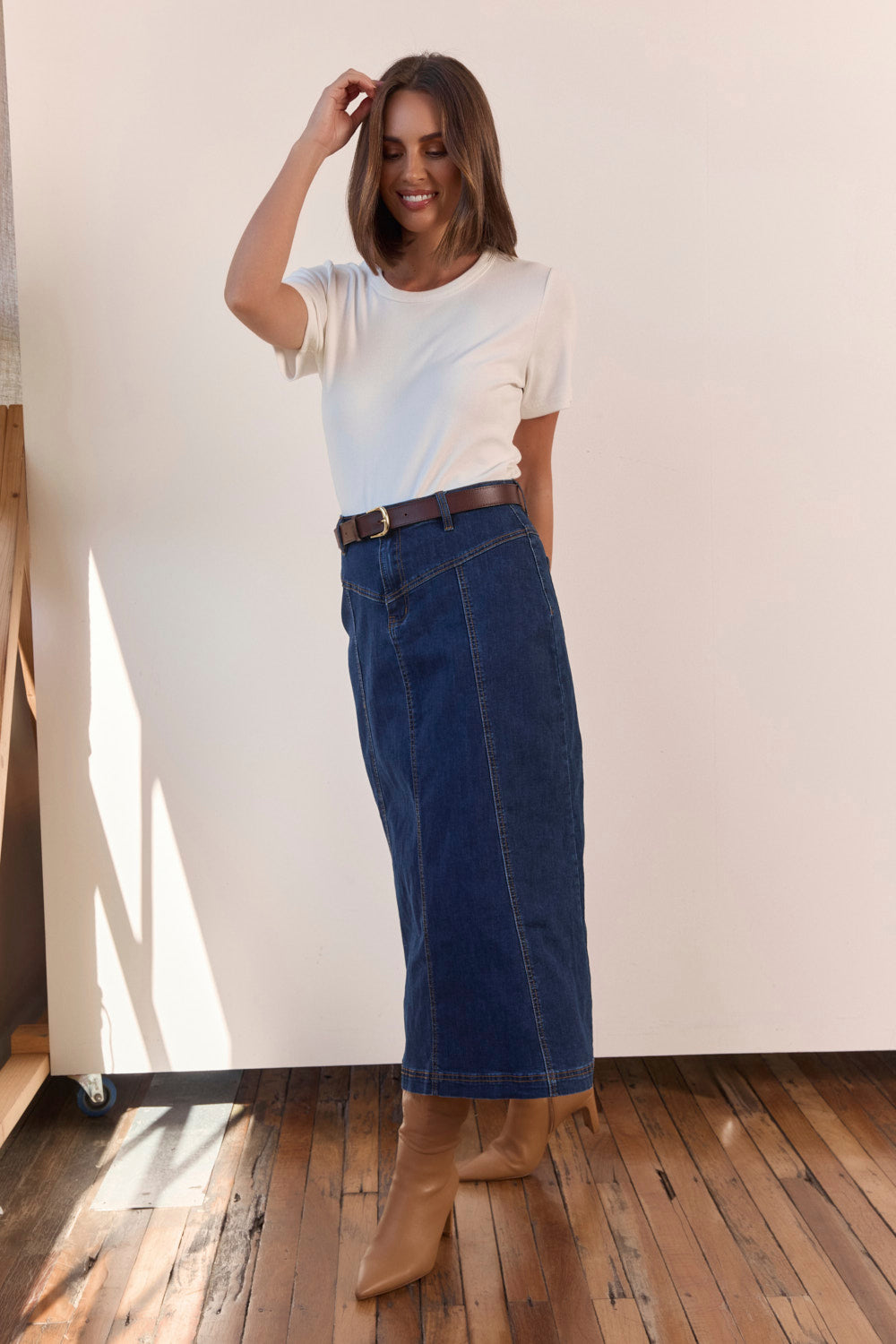 Adrift Flared Denim Maxi Skirt in Dark Wash