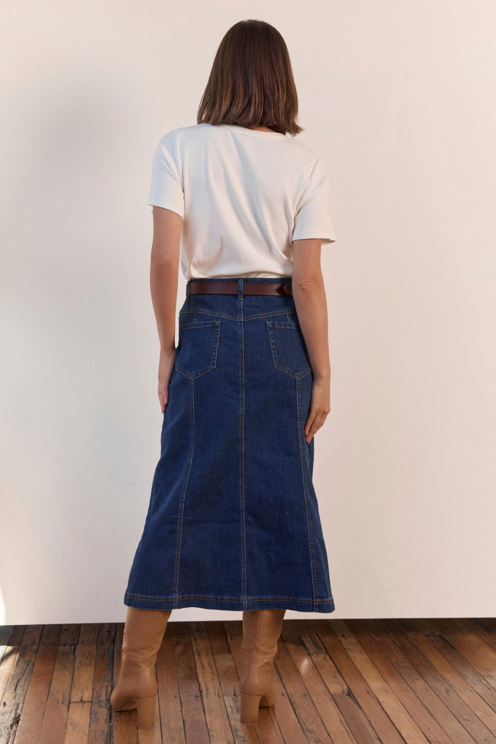 Adrift Flared Denim Maxi Skirt in Dark Wash