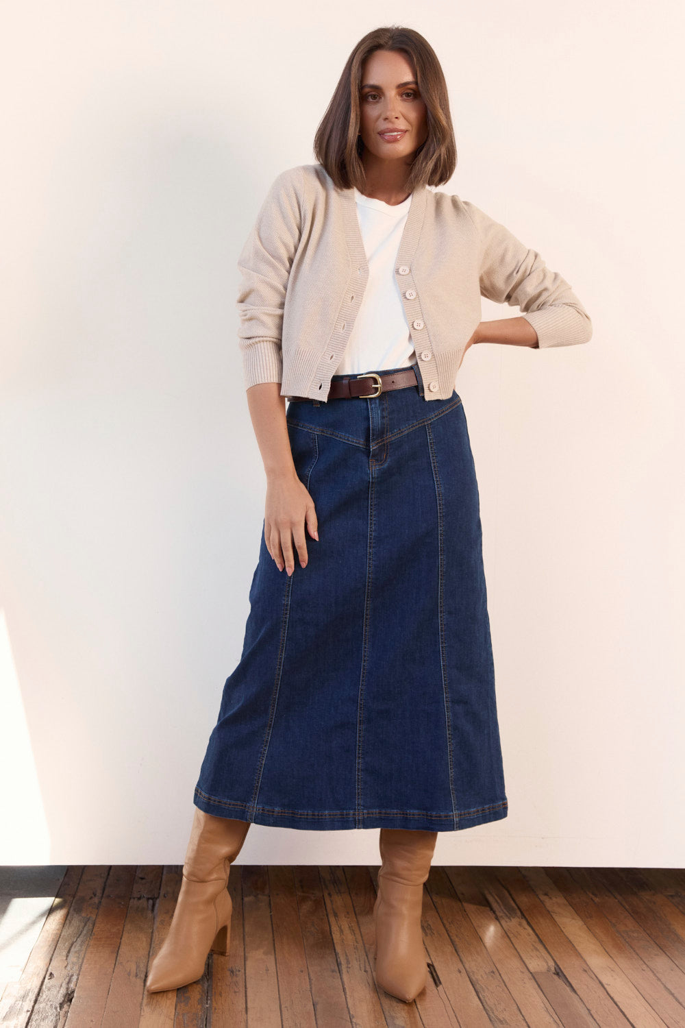 Adrift Flared Denim Maxi Skirt in Dark Wash
