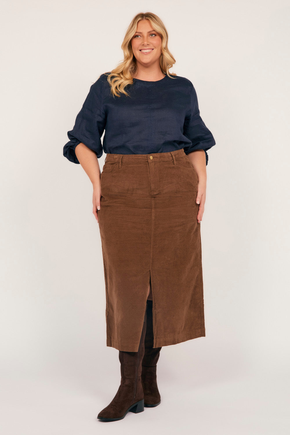 Adrift Split Brushed Cotton Skirt in Chocolate, Midi Skirt - Adrift Clothing