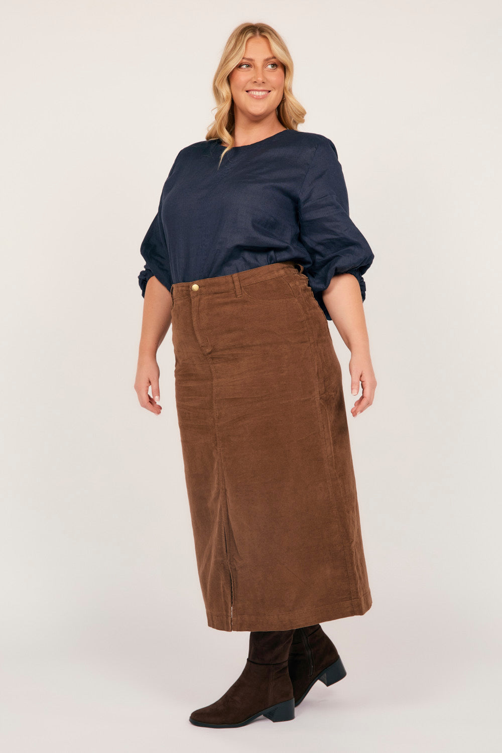 Adrift Split Brushed Cotton Skirt in Chocolate, Midi Skirt - Adrift Clothing