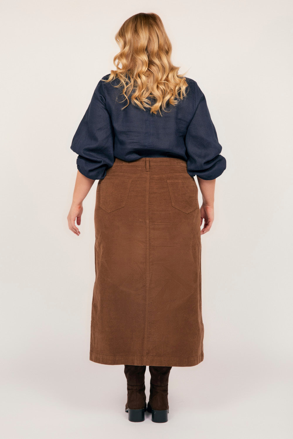 Adrift Split Brushed Cotton Skirt in Chocolate, Midi Skirt - Adrift Clothing