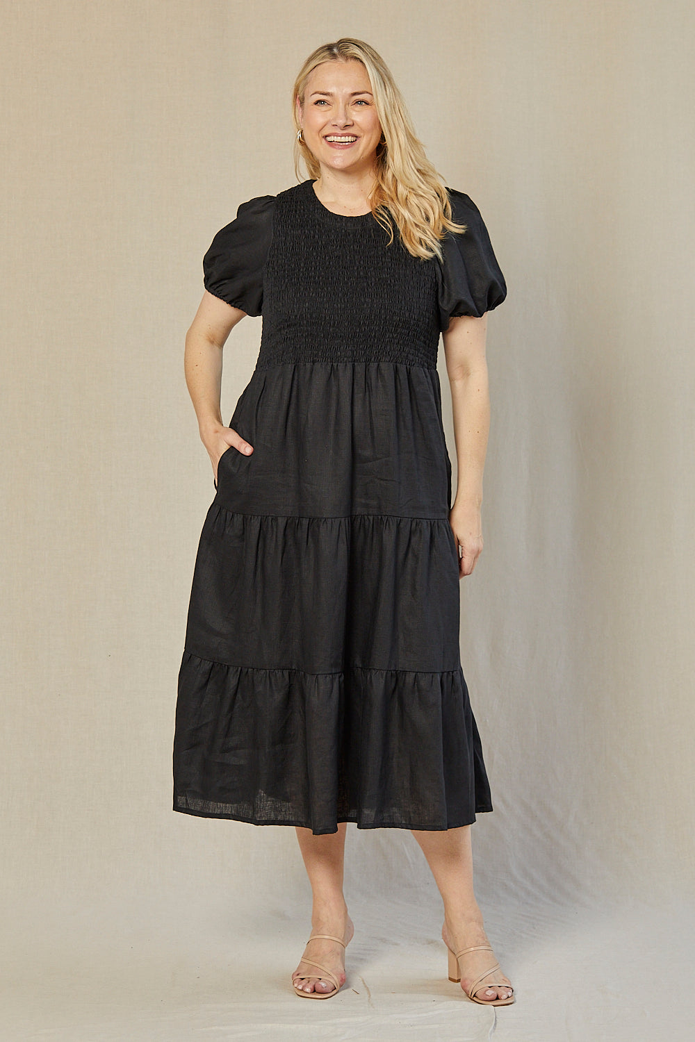 Minden Linen Shirred Short Sleeve Dress in Black, Midi Dress - Adrift Clothing