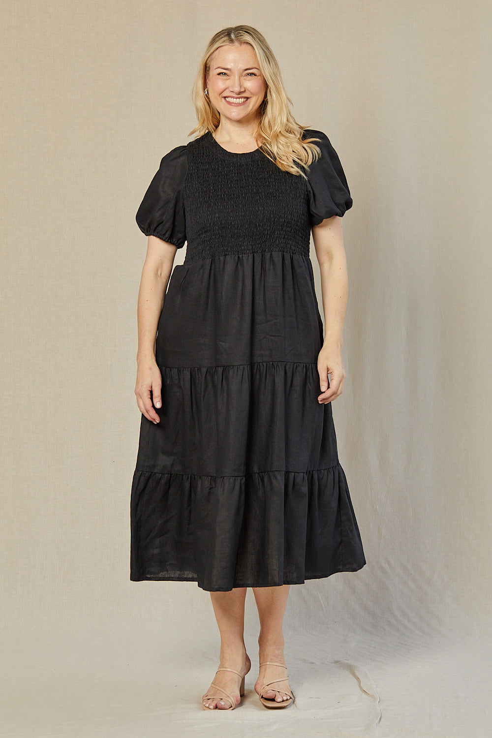 Minden Linen Shirred Short Sleeve Dress in Black, Midi Dress - Adrift Clothing