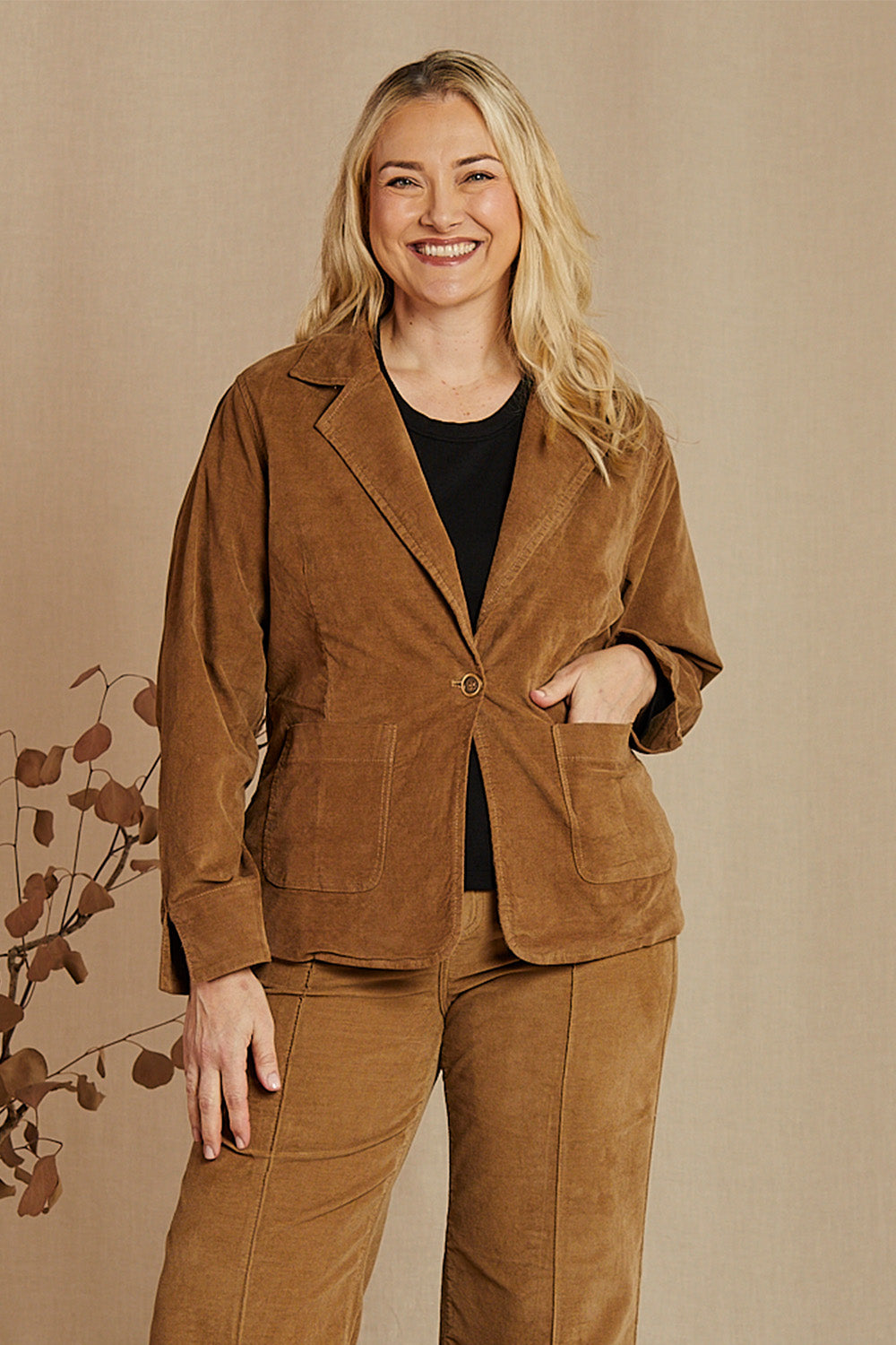 Adrift Relaxed Brushed Cotton Blazer in Camel, Jacket - Adrift Clothing