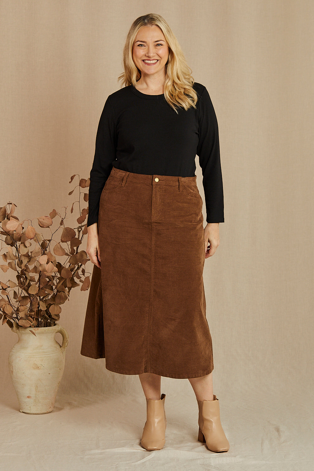 Adrift A-Line Brushed Cotton Skirt in Chocolate, Midi Skirt - Adrift Clothing