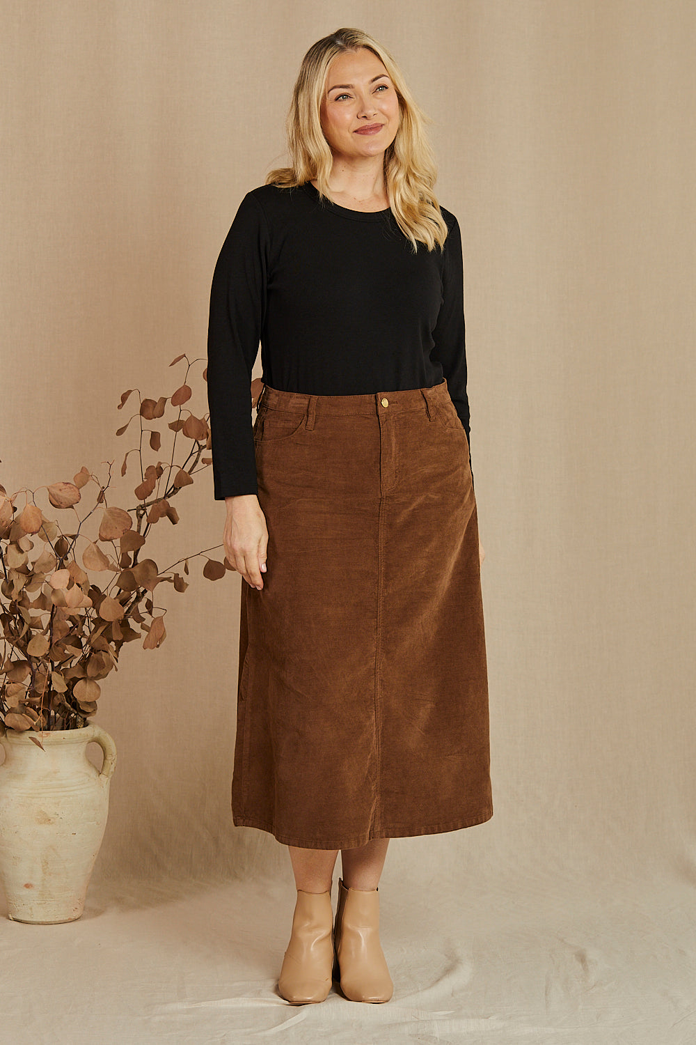 Adrift A-Line Brushed Cotton Skirt in Chocolate, Midi Skirt - Adrift Clothing