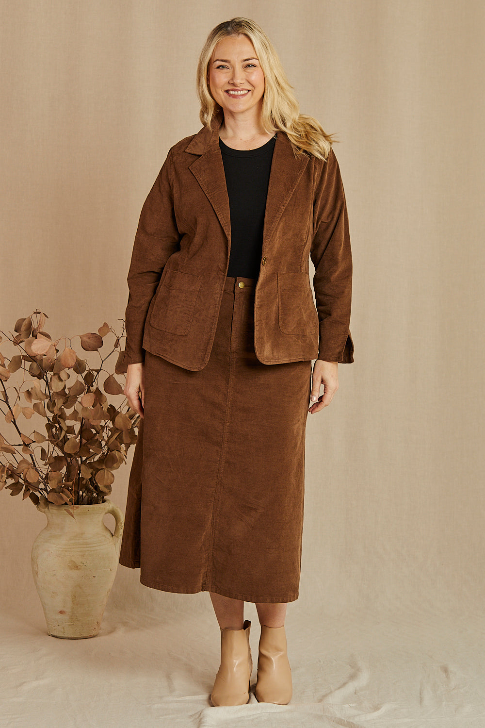 Adrift A-Line Brushed Cotton Skirt in Chocolate, Midi Skirt - Adrift Clothing