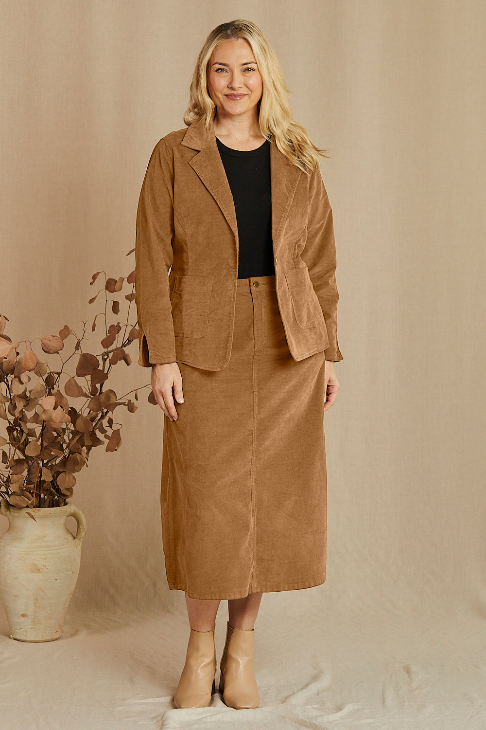 Adrift A-Line Brushed Cotton Skirt in Camel, Midi Skirt - Adrift Clothing