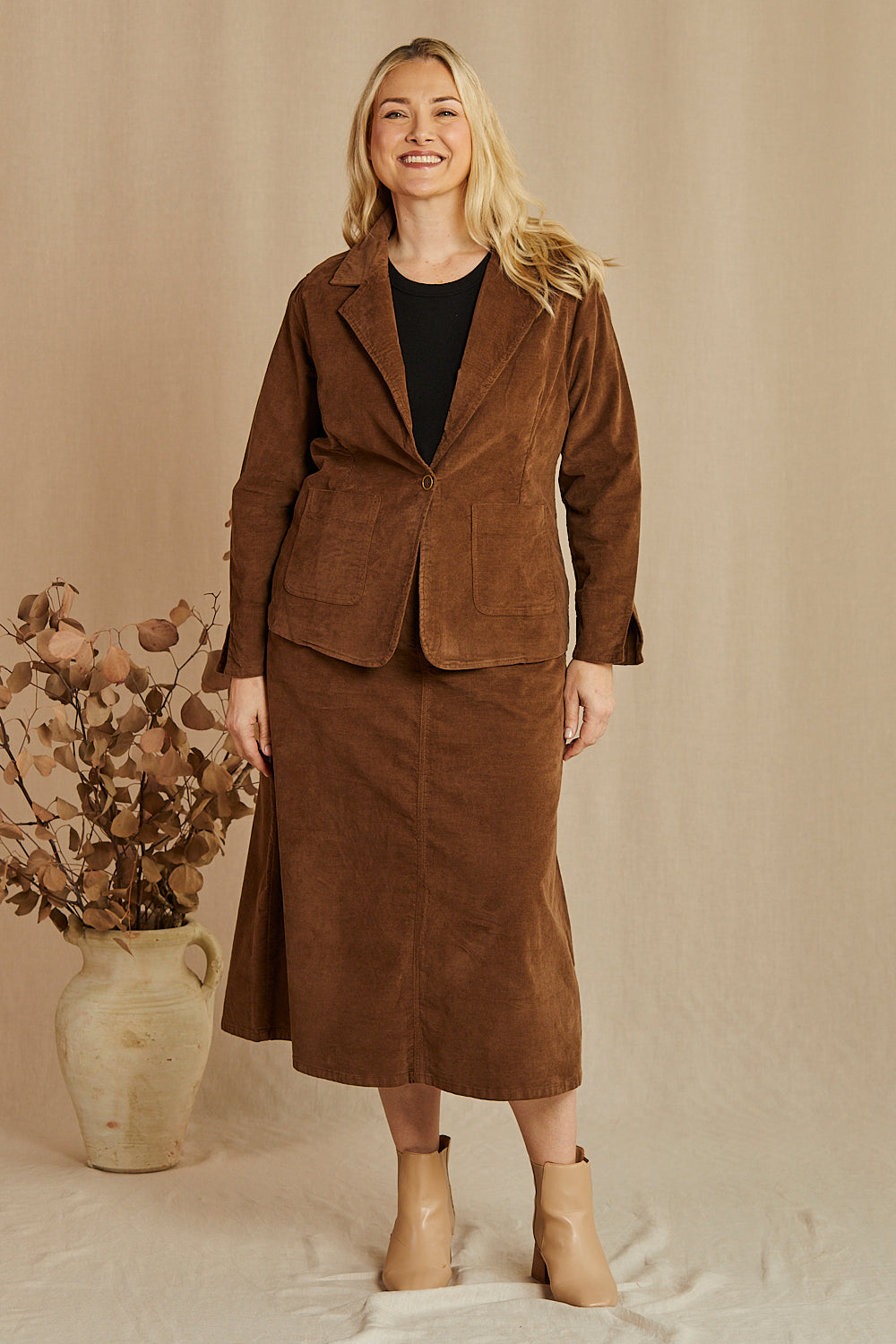 Adrift A-Line Brushed Cotton Skirt in Chocolate, Midi Skirt - Adrift Clothing