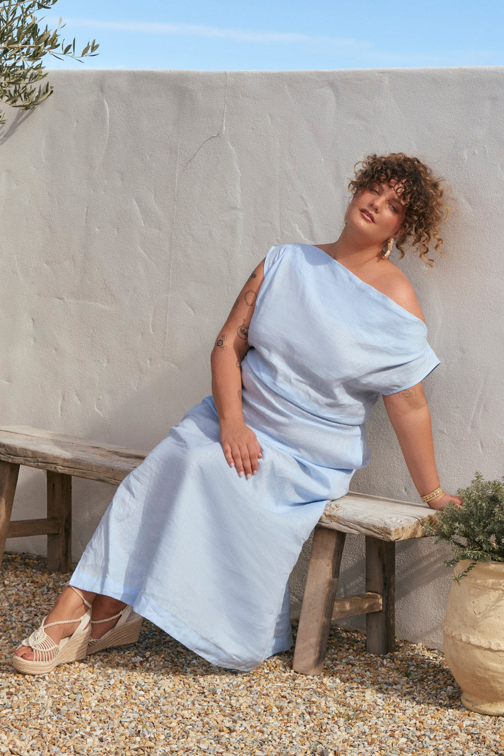 Alice Linen Drop Shoulder Dress in Powder Blue