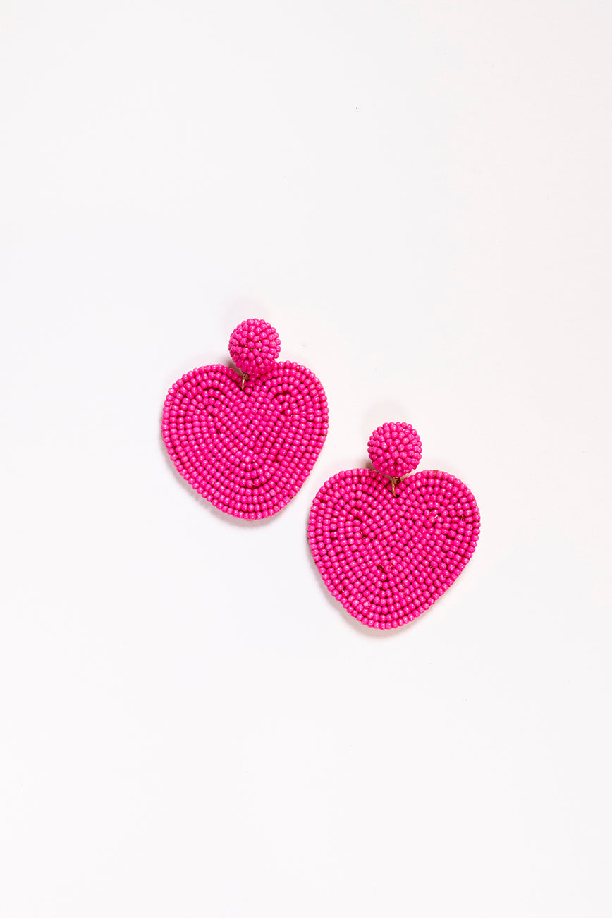 Beaded Heart Earrings in Hot Pink