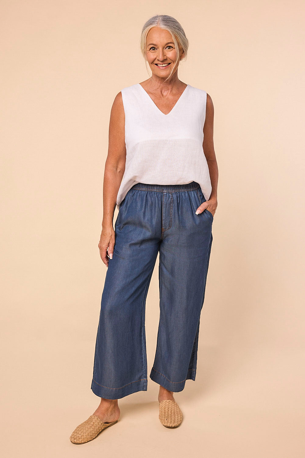 Breezy Petite Length Relaxed Tencel Pant in Mid Wash, Pant - Adrift Clothing