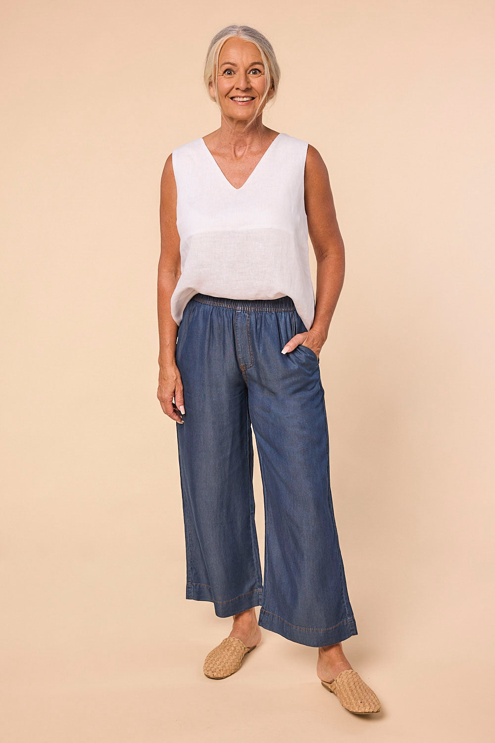 Breezy Petite Length Relaxed Tencel Pant in Mid Wash, Pant - Adrift Clothing