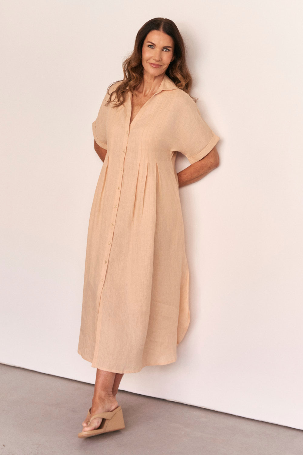 Bridget Linen Pleated Dress in Sand
