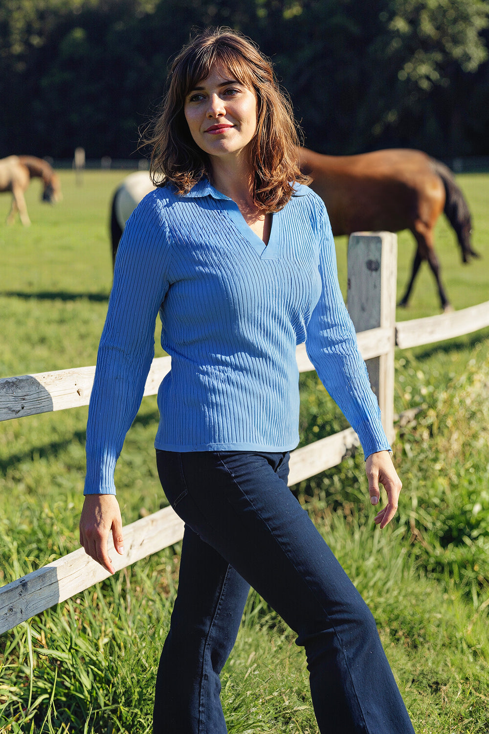 Collared Knitted Top in Blue