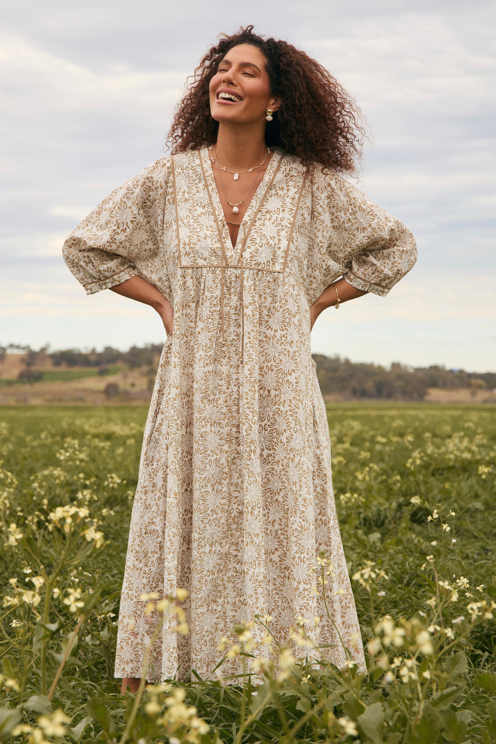 Cairo Billow Sleeve Dress in Savanna