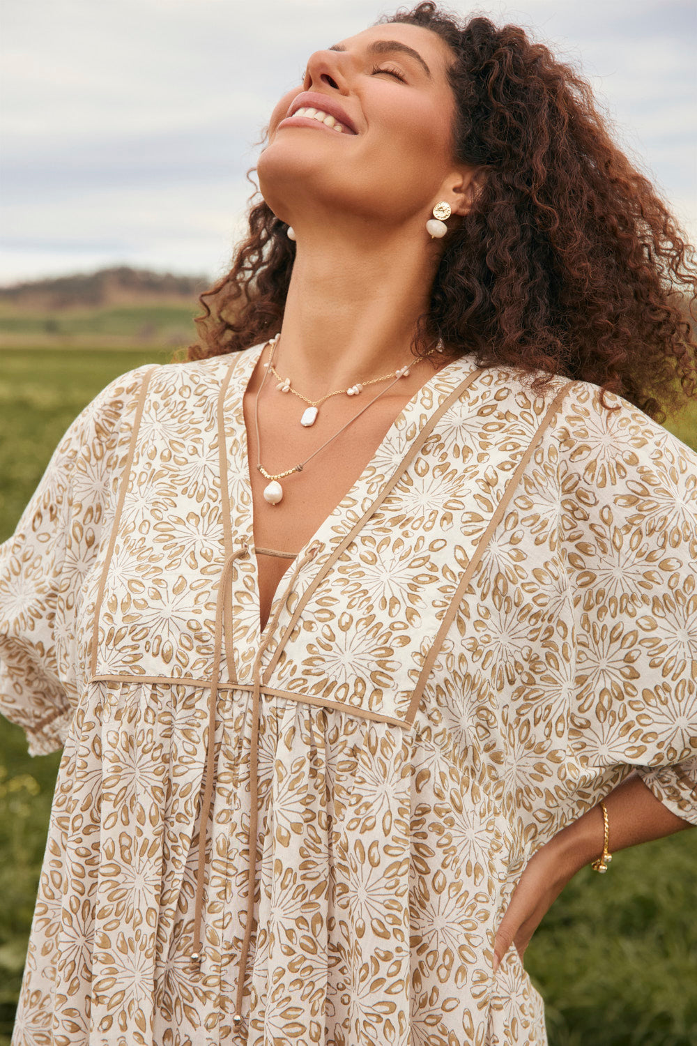Cairo Billow Sleeve Dress in Savanna