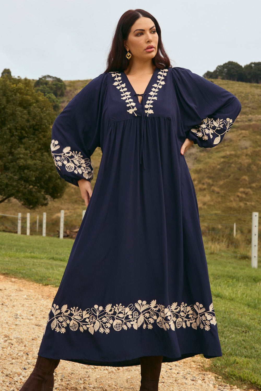 Cairo Embroidered Maxi Dress in Midnight Pearl