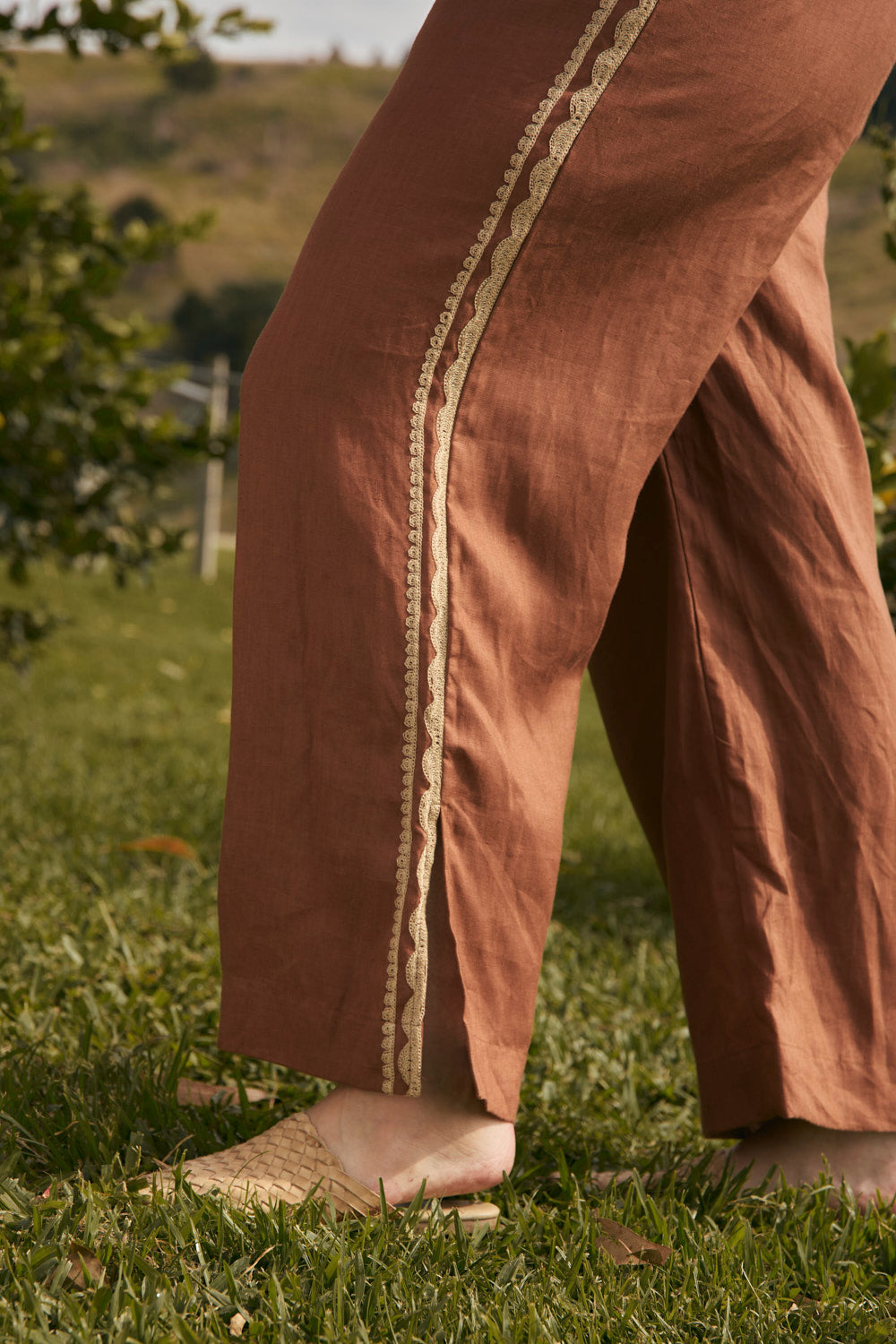 Camille Linen Split Pant in Rum Caramel, Pant - Adrift Clothing