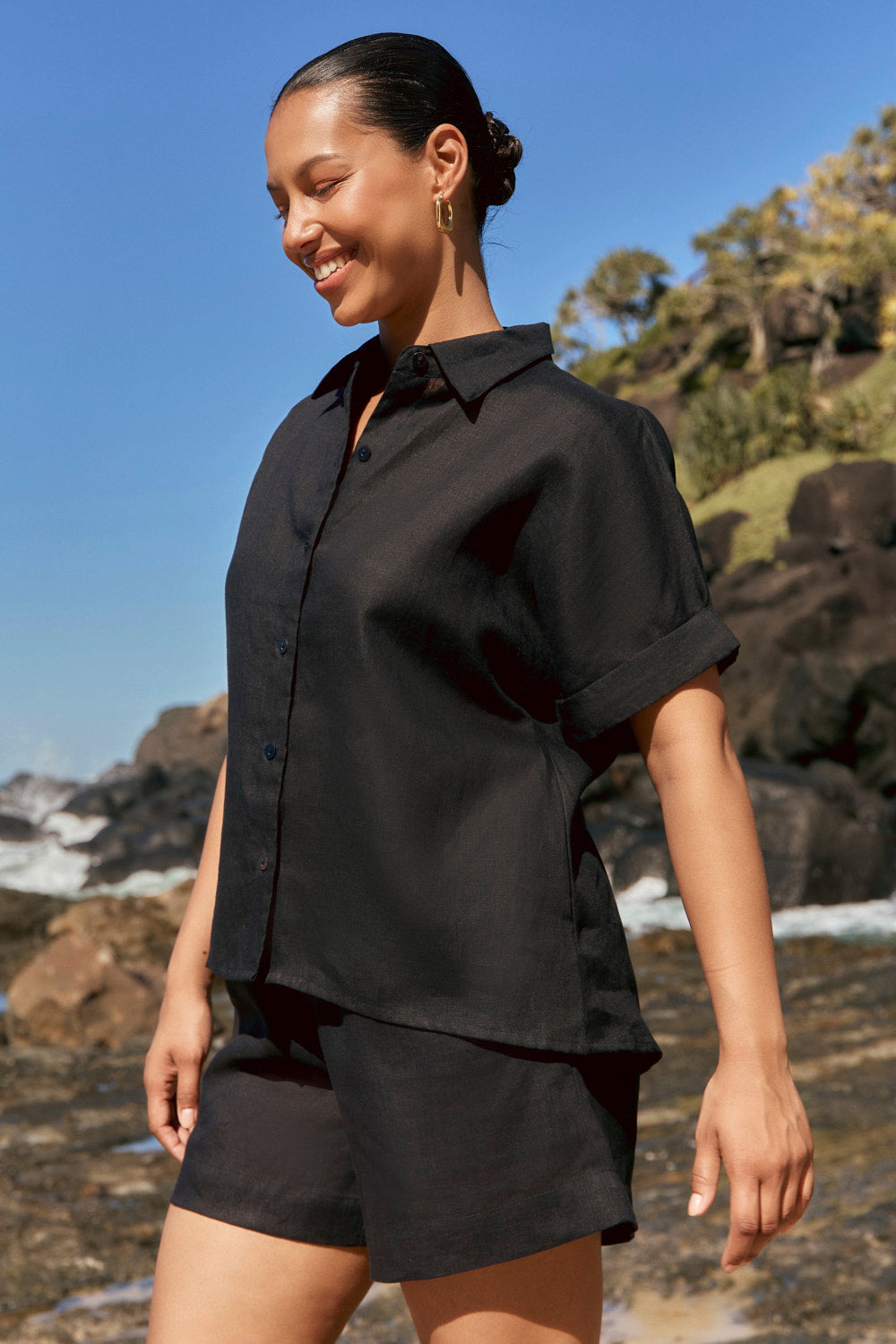 Carmen Linen Shirt in Black, Shirt - Adrift Clothing