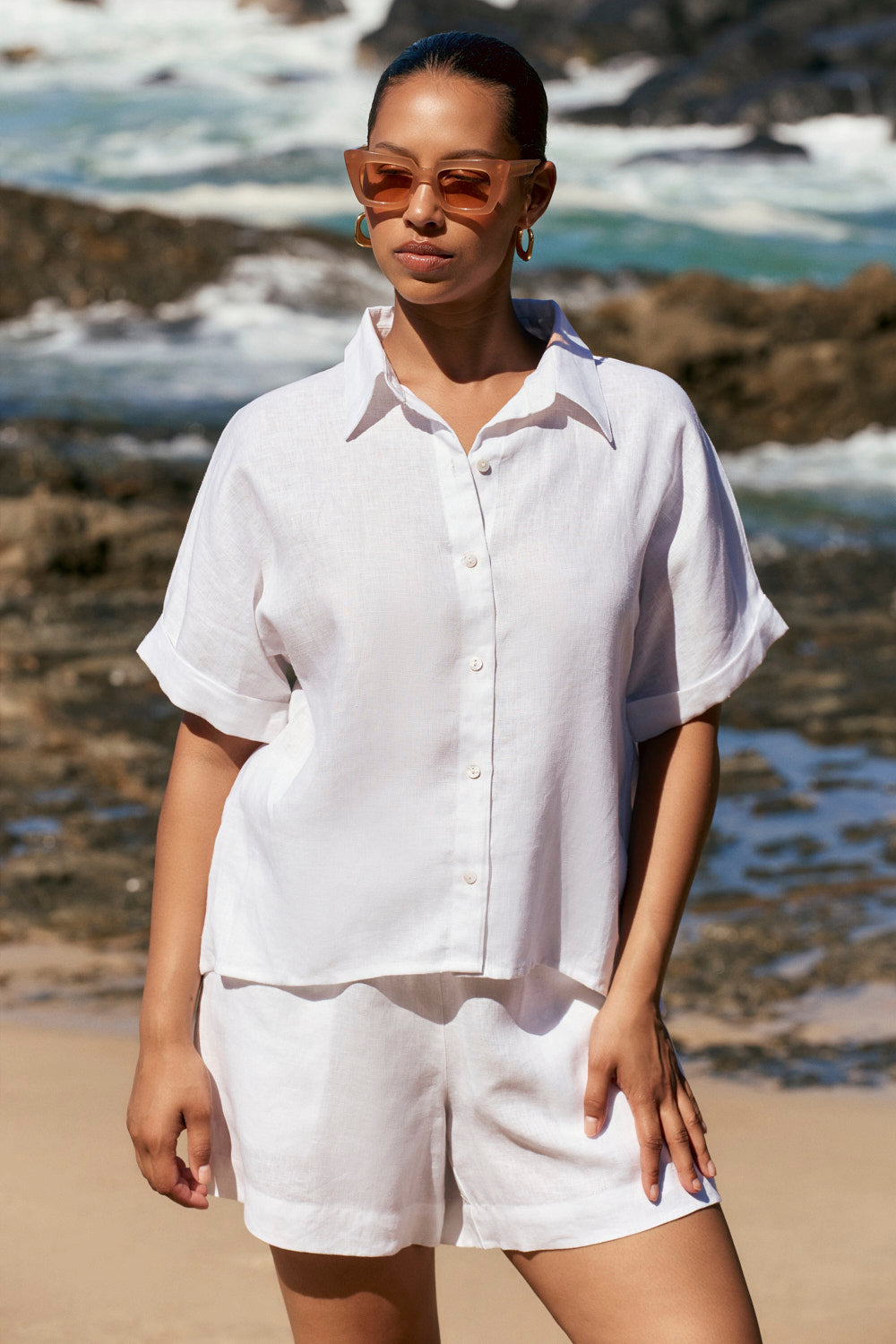 Carmen Linen Shirt in White, Shirt - Adrift Clothing