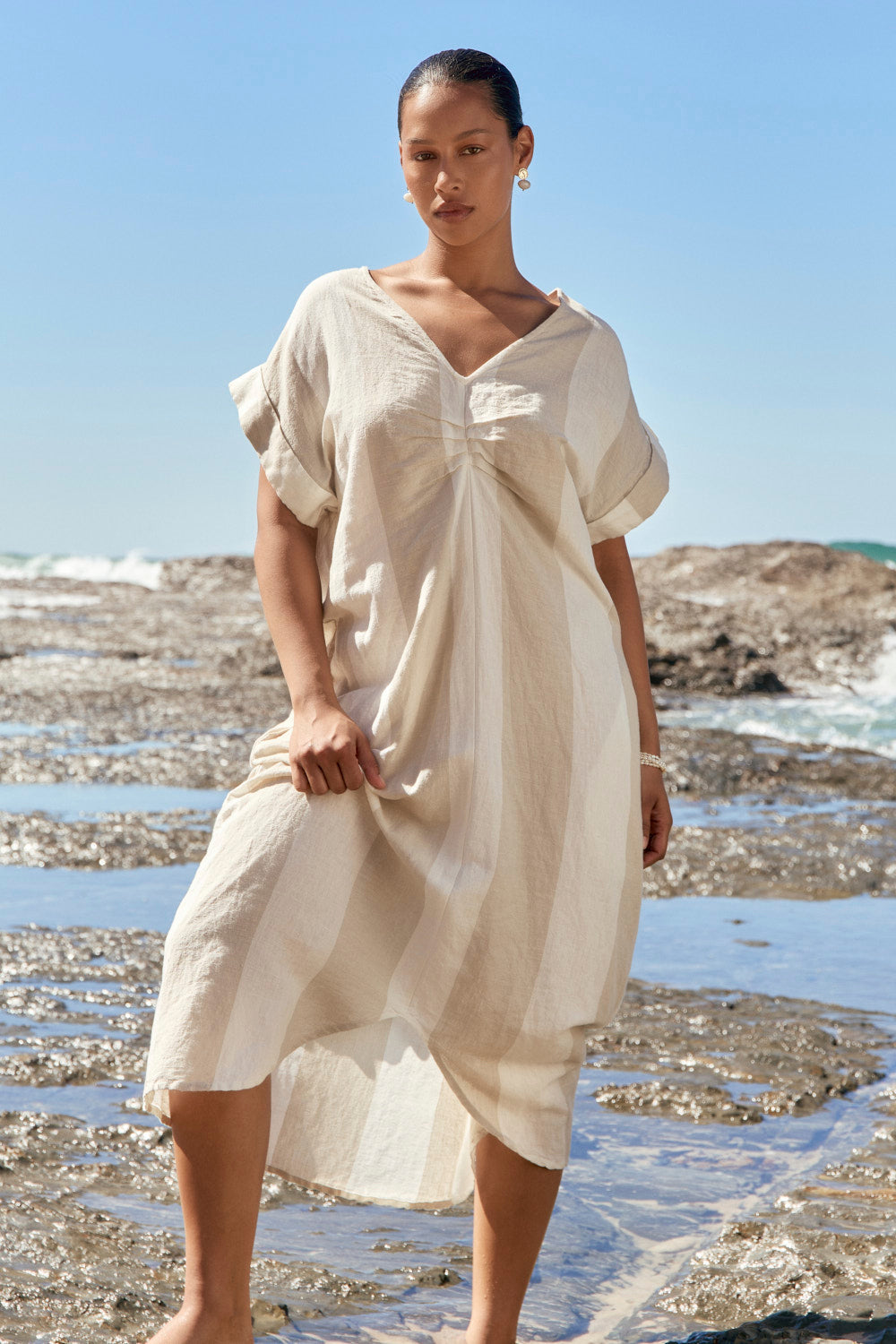 Celeste Linen Dress in Sable Stripe