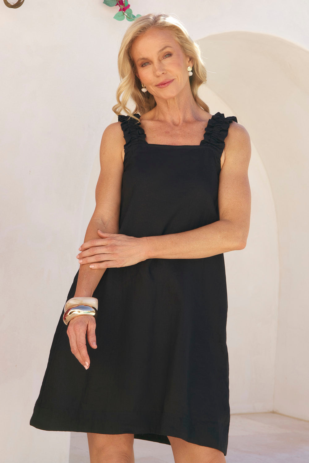 Claire Short Linen Dress in Black, breathable 100% linen dress - Adrift Clothing