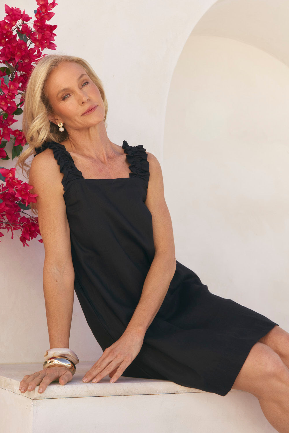 Claire Short Linen Dress in Black, relaxed linen dress with pockets - Adrift Clothing
